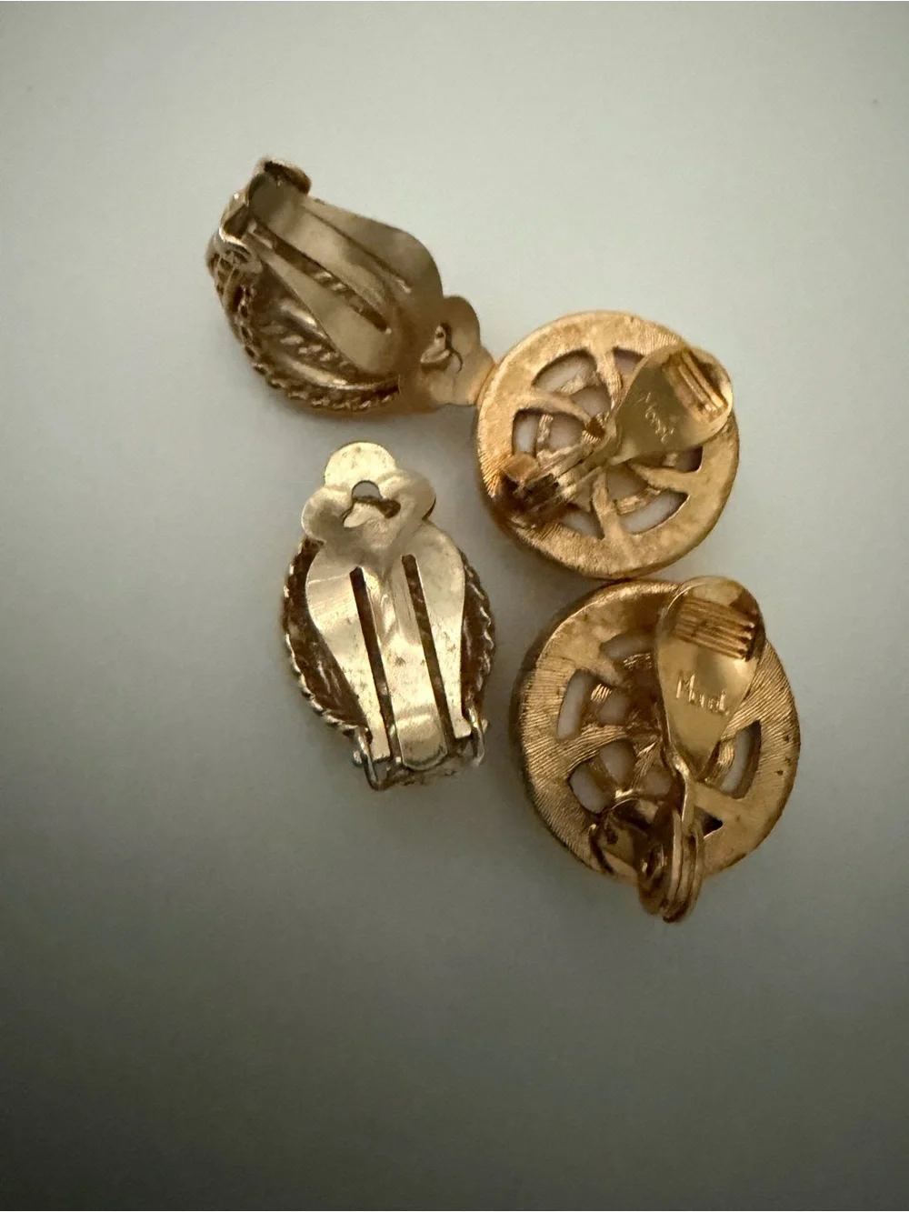 TWO Pair of Gold Clip-on Earrings White & Gold Huggies
